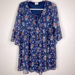 Peach Love California Boho Chic Babydoll Cottagecore Floral Mini Dress Blue | M